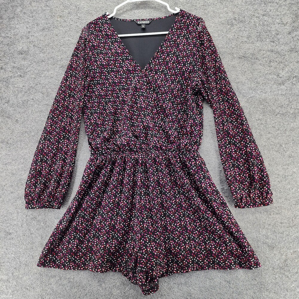 Express Romper Womens Medium Long Sleeve V Neck Black Red Floral